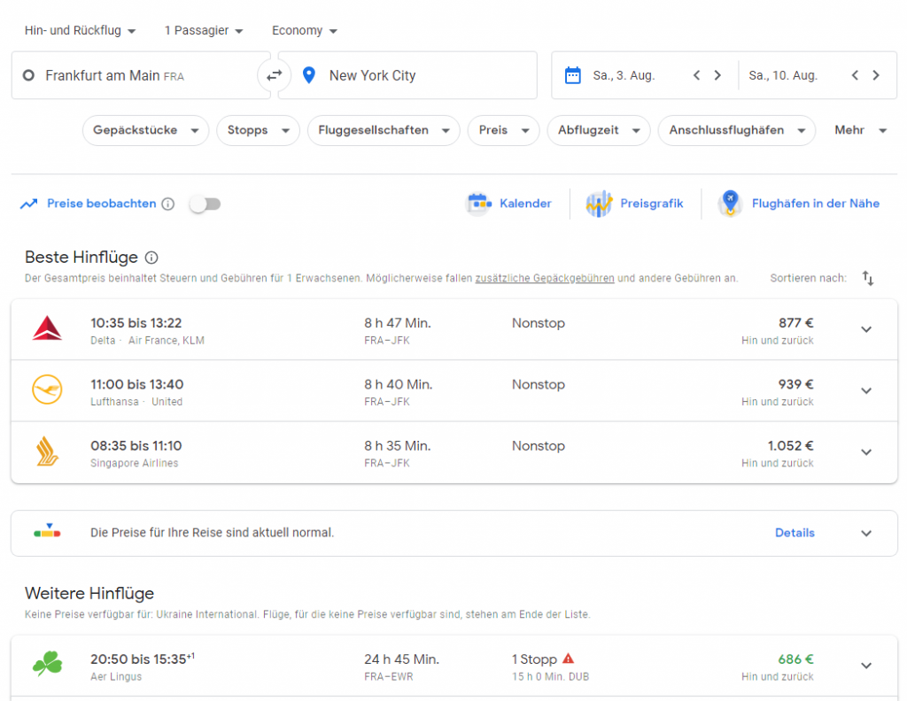 Flugsuche mit Google Flights
