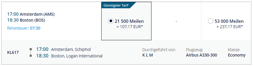 KLM | AMS - BOS mit Meilen