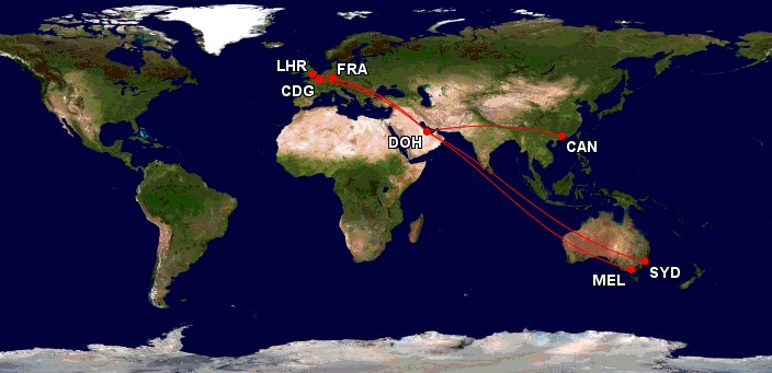 Qatar Airways A380 Ziele mit First Class. Map: gcmap.com