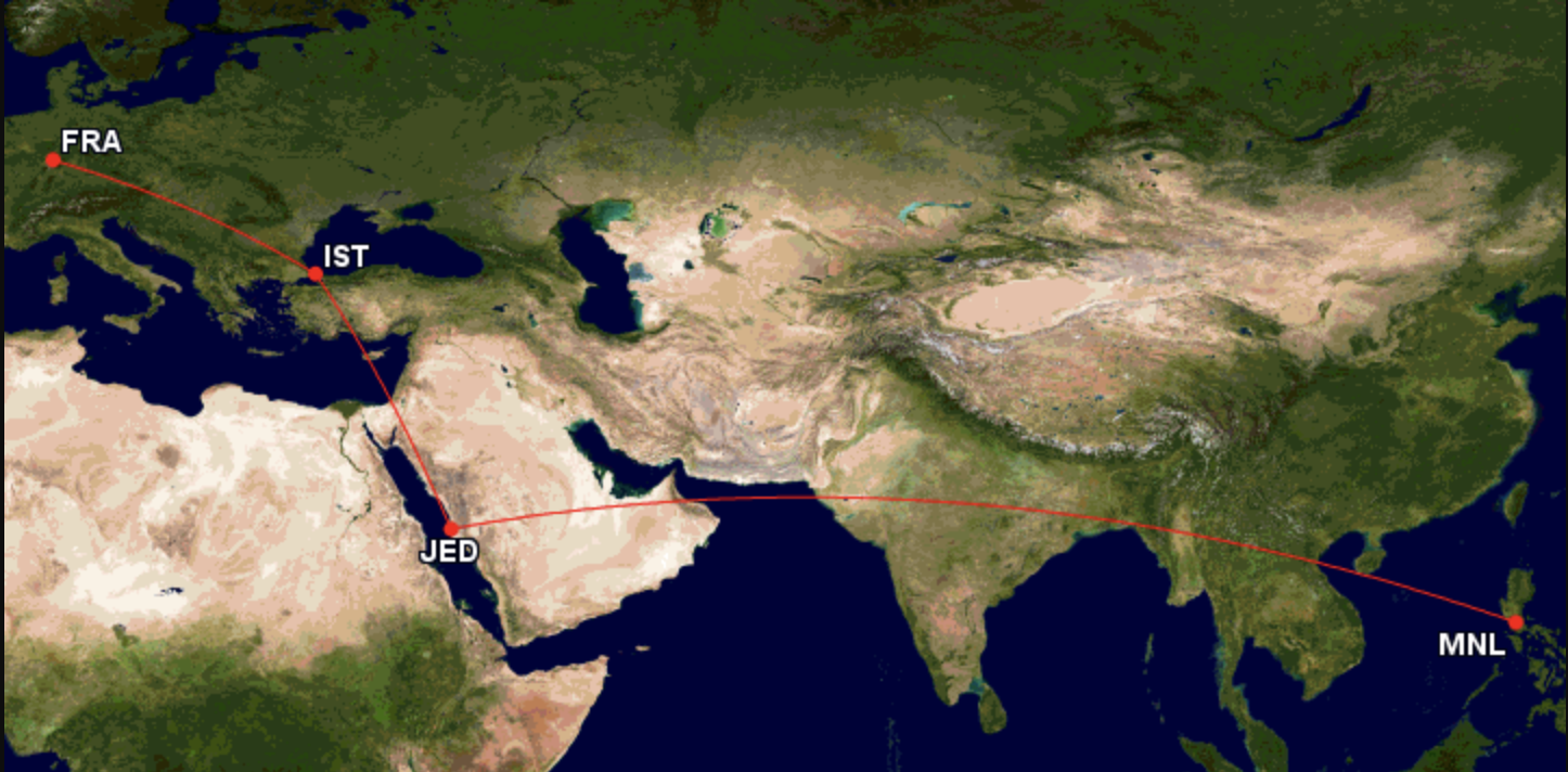 FRA-IST-JED-MNL Route mit Distanzangabe